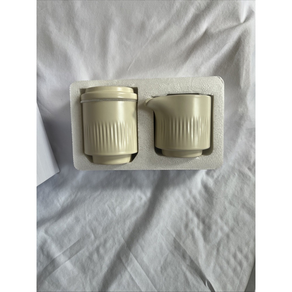 New Modern Cream Colored Ribbed Ceramic Creamer & Sugar Jar Set.
